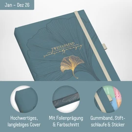 Häfft® Business Timer Deluxe 2026 A5 "Blue Ginkgo" 1 Week 2 Pages - Diary Weekly Calendar Weekly Planner - Sustainable & Climate Friendly
