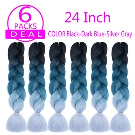 jiefeng 6 Bundles/Lot 24" Braiding Hair Extensions for Women High Temperature Synthetic Ombre Jumbo Braiding Hair for Crochet Twist Braids (24'', Ombre Black to Dark blue to Silver gray)