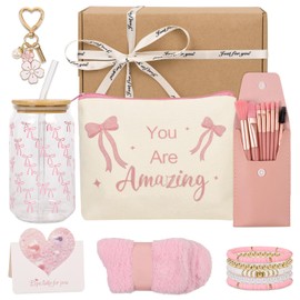 Gifts for Girls Teenagers 8 9 10 11 12 13 14 15, School Gift with Drinking Glass Straw and Lid, Make-Up Brush Key Ring, Cosmetic Bag Bracelet, Birthday Gift for Women
