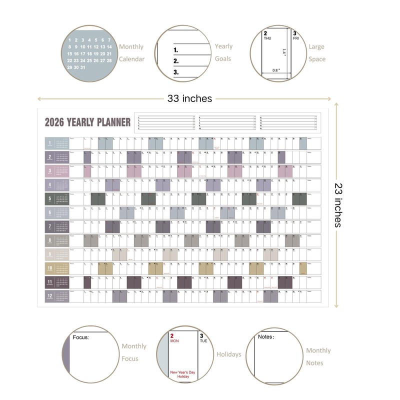 Yearly Wall Calendar with Holidays, Full Year Calendar One Page,