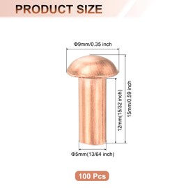 sourcing map 100 Pcs 13/64" x 15/32" Round Head Copper Solid Rivets Fasteners