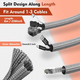 Romon 6m Kabelschlauch, 13-22mm Zuschneidbar Kabelkanal Selbstschließend, Flexibler Gewebter Kabelmantel, Spiralschlauch für TV PC Heimkino Automobilkabel, Kabelmanagement Bissfest für Hund- Grau