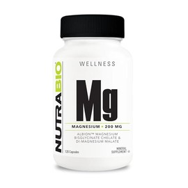 NutraBio Reacted Magnesium Supplement - 120 Caps - 200mg per Serving - 60 Ser - Glicinato de Magnesio, Biglicinato, Malato de D-Magnesio - Sin Gluten 