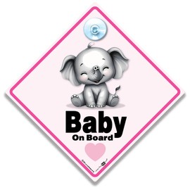 Baby on Board Car Sign with Suction Cup, Baby Elephant Design, Pink Border, 14 x 14 cm