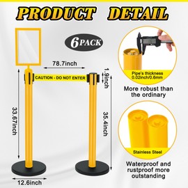Therwen 6 Pack Heavy Duty Crowd Control Stanchions 9.8 ft Stainless Steel Stanchion Set with 6 Safety Barrier Post Retractable Belt and 1 Sign Holder Crowd Control Barrier (Yellow,Caution Belt)