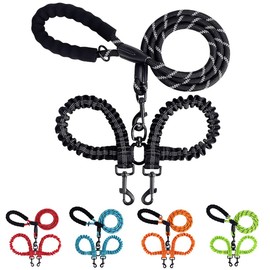 KocaPlye Double Dog Leashes Rope Reflective Dog Leash with Two Shock Absorbing Bungee Trainning Leashes for Two Dogs 360 Swivel No Tangle Dog Leash