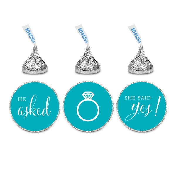 Andaz Press Chocolate Drop Labels Stickers, Wedding He Asked She Said Yes!, Aqua, 216-Pack, For Bridal Shower Engagement Hershey's Kisses Party Favors Decor