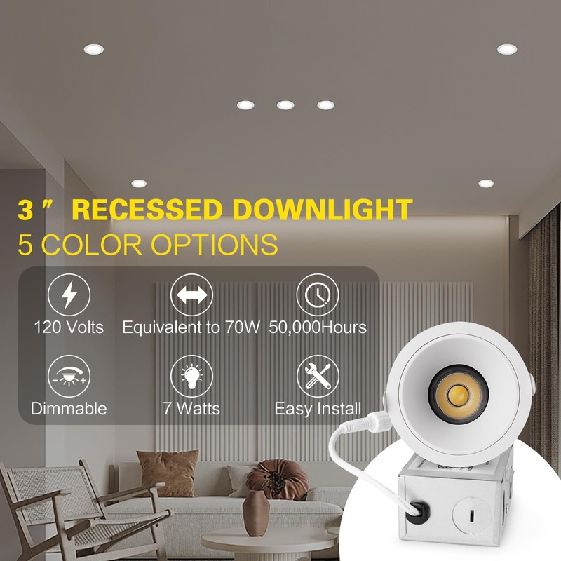CXWV 3 Inch LED Recessed Downlight,7W Dimmable Anti-Glare Ceiling Light