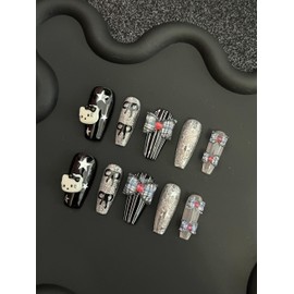 Handmade Press On Nails Long MouyouGlow, Ballerina Kawaii Cute Black 3D Kitty Pink Carton Bow Glitter Y2K Coquette Resuable Fake Nails, Handmade Artificial Fingernails, 10 Pieces (58-M Size)