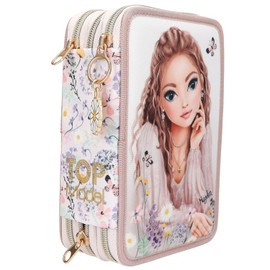 Depesche 13302 TOPModel Summer Feeling - Filled 3-Compartment Pencil Case in Pink, with TopModel Motif and Flowers, Pencil Case with Colouring Pencils, Ruler, Scissors etc.