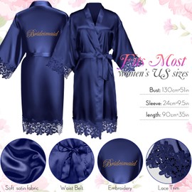 Coume Set of 6 Bridesmaid Robes with Lace Trim Bridal Party Matron Maid of Honor Robes Silk Wedding for Wedding Bridal Gifts(Navy Blue)