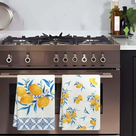 Fall Kitchen Towels Cat Pumpkin Maple Leaves Dish Towels Autumn Harvest Kitchen Decoration Hand Towels Set of 2, 18x26 Inch (Lemon02)