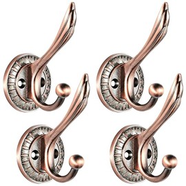 Ruiziiz Vintage Red Bronze Coat Hooks 4 Pack, Heavy Duty Double Wall Hooks for Hanging Towel Robe Hat Bag, Decorative Metal Hooks for Bathroom Kitchen Closet