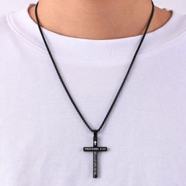 Fiusem Black Cross Necklace for Men, Bible Verse PROVERBS 4:23 Cross Pendant with 2.5mm Box Chain 22 Inch
