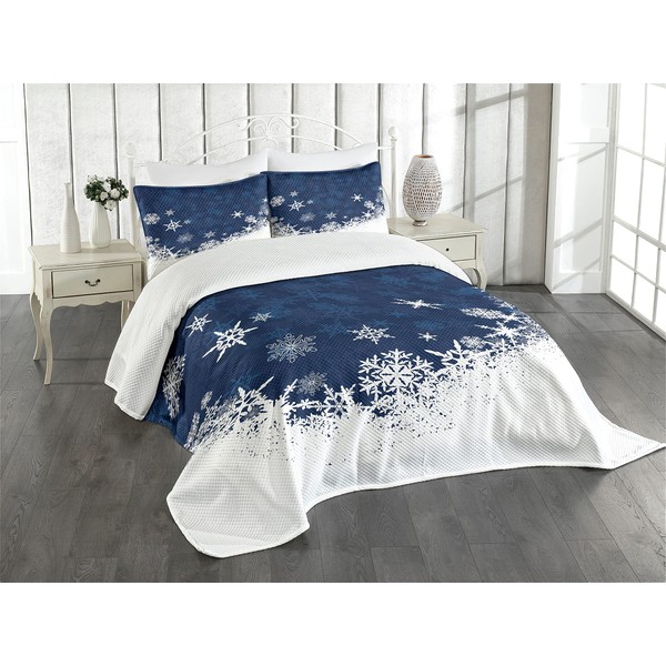 Lunarable Snowflake Bedspread, Winter Theme Christmas Illustration Cold Weather Season Inspired Celebration, Decorative Quilted 3 Piece Coverlet Set with 2 Pillow Shams, Queen Size, Indigo and White