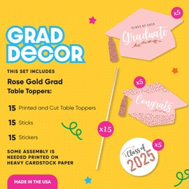 Big Dot of Happiness Graduation Centerpieces for Tables 2025. 15pc Unique Rose Gold Table Decorations with Sticks. Durable Toppers for the Class of 2025 Celebration and Graduation Party Decor
