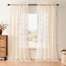 Beige Lace Curtains 102 Inches Long 2 Panels Vintage Paisley Sheer Lace Curtains for Living Room Bedroom Rod Pocket Light Filtering Large Window Privacy Decor for Dining Room Neutral Drapes, 52x102