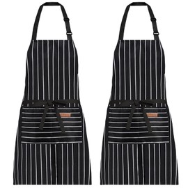 XIEJINJIA 2 Pack Adjustable Apron with Pockets Chef Kitchen Restaurant Cooking Baking Gardening for Women Men Black Stripe
