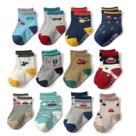 Baby Non Slip Toddler Socks, 12 Pairs Soft Cotton Crew Socks For 6-12 Months/1-3/3-5/ Years Old Boys Girls Kids Children Breathable Infant Ankle Socks with Grips For Baby Boy Girl (3-5T, Helicopter Dream)