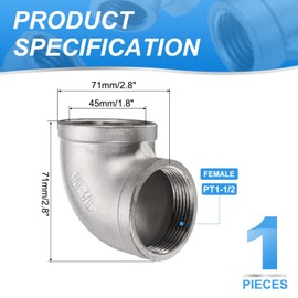 uxcell 304 Stainless Steel 90 Degree Elbow Threaded Pipe Fitting G1-1/2" Female to G1-1/2" Female Cast Pipe Fitting with Seal Tape for Plumbing Drainage Pipes Heating Systems