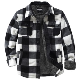 Puhope Men's Polar Fleece Warm Sherpa Lined Shirt Jacket for Men Thick Button Down Jacket with Multi Pockets Black/White Small