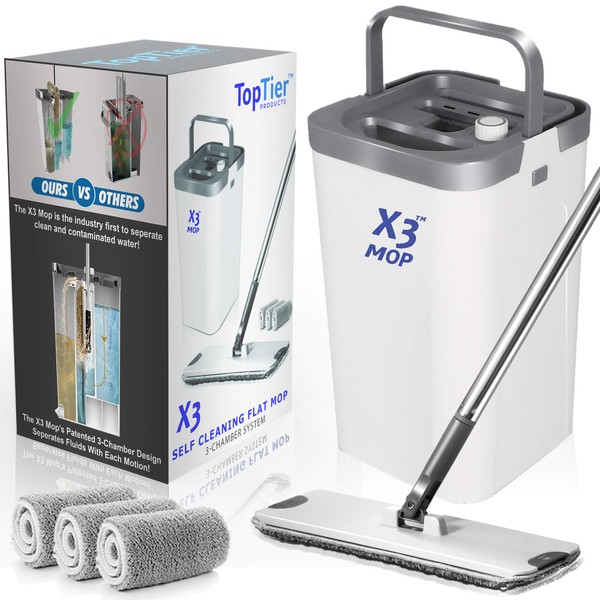 X3 Mop, Separates Dirty and Clean Water, 3-Chamber Design, Flat