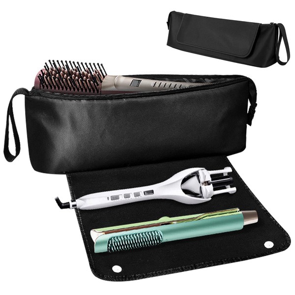 CALIDAKA Hair Tools Travel Bag and Heat Resistant Mat for Flat Irons, 2-in-1 Straighteners Curling Iron Travel Case Waterproof Portable Hair Tools Bag with Storage Pockets and Handle(Black)