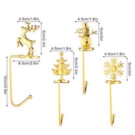 4pcs Christmas Stocking Holder, Metal Xmas Tree Elk Snowflake Decorative Stocking Holder Christmas Sock Hook Hangers for Mantle Fireplace Party Home (Gold)