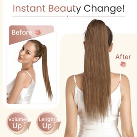 Elailite Human Hair Ponytail Extension Claw on Clip Real Human Hair Natural HairPiece Straight (#6 Light Brown, 16 Inch)