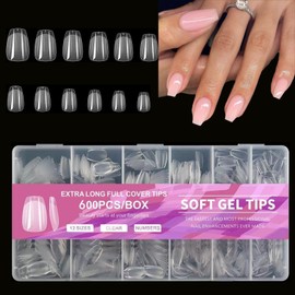 Short Coffin Nail Tips, 600pcs Soft Nail Gel Tips Pre-Shaped Acrylic Fake Nails, Half Matte Full Cover Clear Jelly Press on False Nail Tips for Extension Nail Manicure Home DIY 12 Sizes for Women