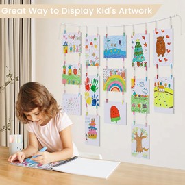 KLOGTSIND Kids Art Display Wall Decor, Wooden Beads Garland Frame Holder with 34 Clips for Kids Artwork, Photo, Wall Hanging Boho Room Bedroom Decor
