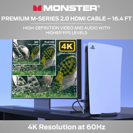 Monster Cable HDMI 2.0 de alta calidad certificado por la serie M, cuenta con 4K Ultra HD a una frecuencia de actualización de 60 Hz, chamarra Duraflex y blindaje de triple capa, 22.5 Gbps - 16.5 pies