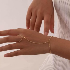 Hand Chain Bracelet for Women 14K Gold Plated Stuff Ring Bracelet Hand Chain Adjustable Finger Bracelet Hand Jewelry Gifts (Gold 2)