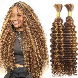 Human Braiding Hair for Boho Braids Deep Wave Bulk Human Hair for Braiding 26 Inch 2 Bundles 100g Highlight Ombre 4/27 Brazilian Wet and Wavy Curly Human Hair Extensions No Weft Bundles