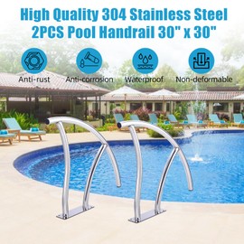 GarveeLife 2pcs Pool Rails 30 in x 30 in, Pool Handrails for Inground Pool 304 Stainless Steel Big Load Capacity Rustproof with Blue Grip Cover & Accessories