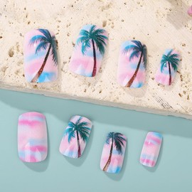 24 Pcs Summer Press on Nails Medium Square Fake Nails Pink Blue Ombre False Nails with Coconut Tree Designs Gel Glue on Nails Glossy Acrylic Nails Kit Beach Vacation for Women Girls