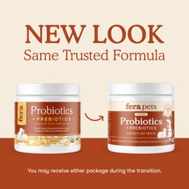 Fera Pets Probiotics for Dogs & Cats with Prebiotics - USDA Organic - Gut Health Powder Supplement with 12 Strains and 5 Billion CFUs - Supports Immunity, Energy and Skin & Coat - 60 Scoops