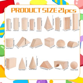 21 Pcs Wooden 3D Shapes Geometric Solids Shapes Geometry Building Blocks Large Size Montessori Learning Wood Toy Pattern Blocks for Various Shapes Home School Supplies
