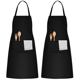 Chstarina Pack of 2 Waterproof Cooking Apron with Pockets Black Apron Unisex Apron for Men and Women Cooking Apron Kitchen Apron for Kitchen, Restaurant, Cafe, black