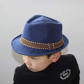 Kids Jazz Hat Panama Style Trilby Fedora Straw Sun Hat Short Brim Summer Sun Beach Cap for Boys Girls 5-10 Years Navy Blue