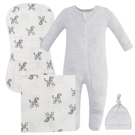 Owlivia Organic Take Me Home Outfit Set, Newborn Baby Boy Girl Footed Pajama Hat and Muslin Blanket Burp Cloths Gift Set,4 Pcs(Gray Melange & Zebra, 0-3Months)