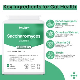 Saccharomyces Boulardii Supplement | 5 Billion CFU Yeast Probiotic Capsules with Vitamin D3, Olive Leaf & Biotin for Gut Balance & Immune Support | No Refrigeration Required | UK Made | 90 Capsules