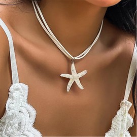Seashell Necklace Beach Necklace for Women Boho Layered Starfish Pendant Necklace Summer Necklace Surfer Shell Necklaces Beach Jewelry Turtle Conch Starfish Beaded Choker Necklace (starfish)