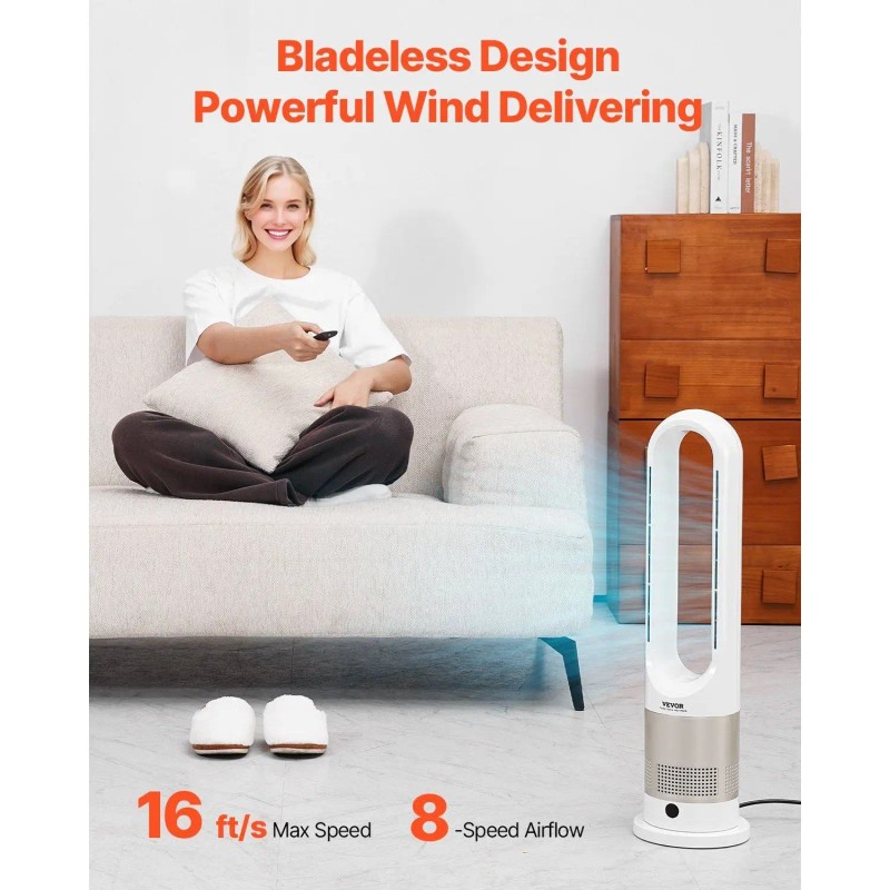 Tower Fan Bladeless 16 Ft/s Velocity Smart 80 Degree Oscillation