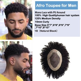 Ehairc Toupee for Men Mono Lace with PU Around Curly Human Hair System Mens Wig Male Hair Replacement Mens Toupee (10mm 1B（Natural Black）,5 * 7")