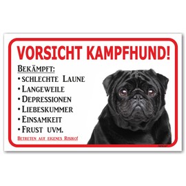 AdriLeo Sign – Caution Black Pug – Battle Dog – (20 x 30 cm) / Caution Dog Guard Dog