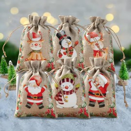 Arakai 6Pcs Santa Claus Elk Bells Small Bear Drawstring Natural Burlap Bag Jute Gift Bag 10x15cm Cotton Linen Christmas Print Gift Bag
