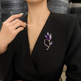 Flower Brooch Lapel Pin for Women - Stylish Handmade Crystal and Pearl Rhinestone Boutonniere for Hat, Bag, Suit, Dress, Scarf, Shawl Costume Accessories Brooches and Pins for Women (Gold Purple Flower)