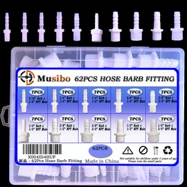 62 Pcs 10-Size Hose Barb Fittings Assortment, Barb + NPT Male Thread Adapter Hose Fittings, Plastic Joint Splicer and Mender Union Adapters for Fuel, Gas, Liquid, Air Tubing.