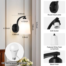HOJOYRI Black Battery Operated Wall Sconces Set of 2, Rechargeable Wireless Wall Lights with Remote, Non Wired Cordless Dimmable Battery Powered LED Wall Lamp Lighting Fixture for Bedroom, Living Room